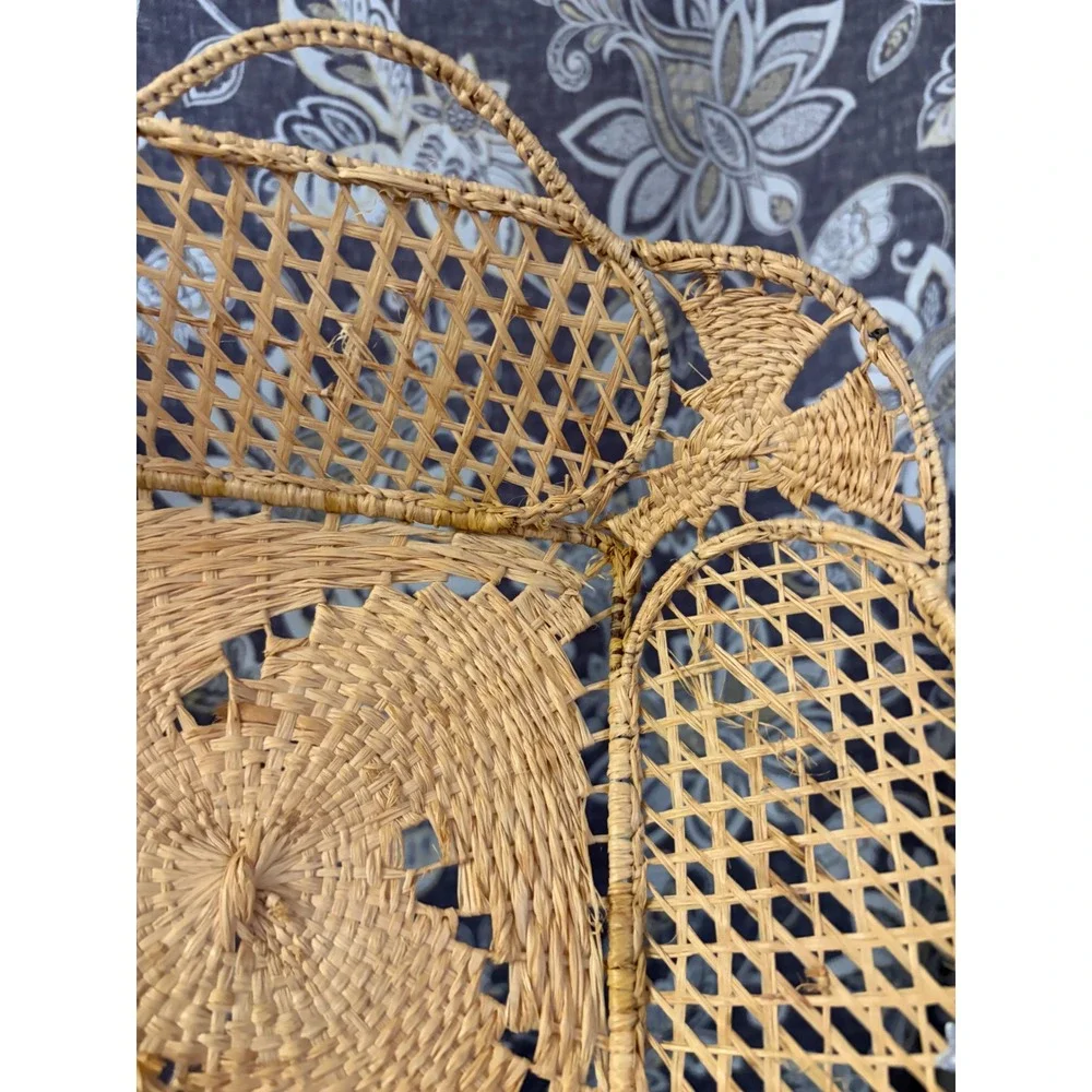 Vintage Woven Straw Basket Tray Boho Handcrafted Lattice Open Weave Tan Small